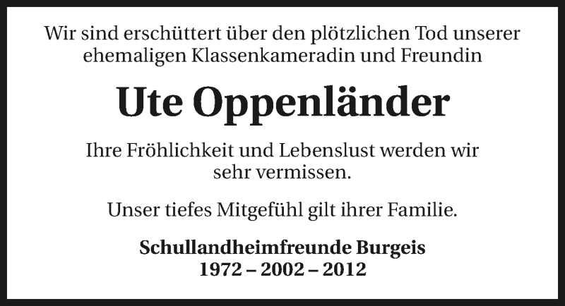  Traueranzeige für Ute Oppenländer vom 23.07.2016 aus 