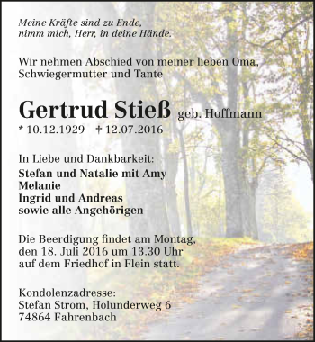 Traueranzeige von Gertrud Stieß 