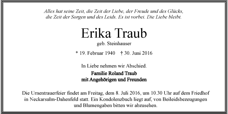  Traueranzeige für Erika Traub vom 05.07.2016 aus 