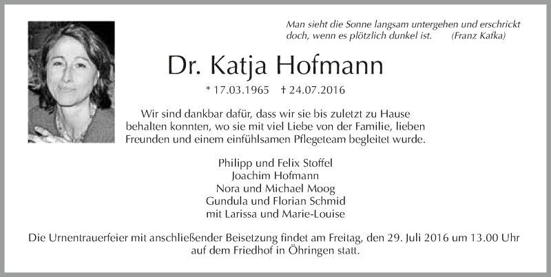  Traueranzeige für Katja Hofmann vom 26.07.2016 aus 
