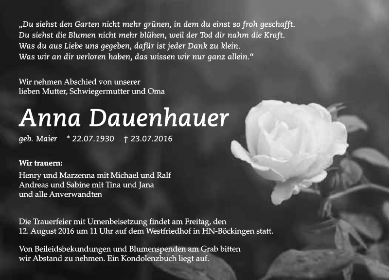  Traueranzeige für Anna Dauenhauer vom 30.07.2016 aus 
