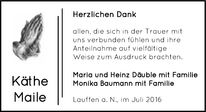  Traueranzeige für Käthe Maile vom 18.07.2016 aus 