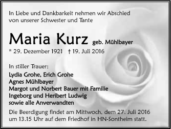 Traueranzeige von Maria Kurz 