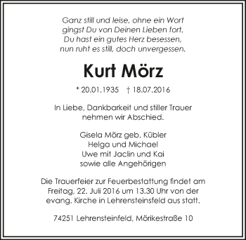 Traueranzeige von Kurt Mörz 