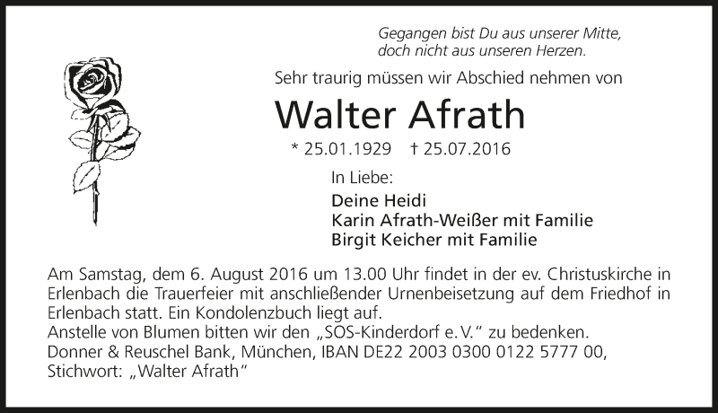  Traueranzeige für Walter Afrath vom 30.07.2016 aus 