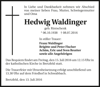 Traueranzeige von Hedwig Waldinger 