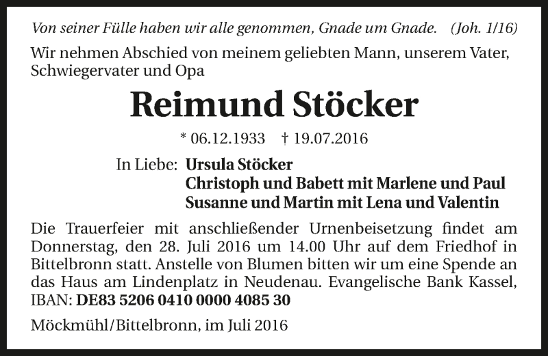  Traueranzeige für Reimund Stöcker vom 23.07.2016 aus 