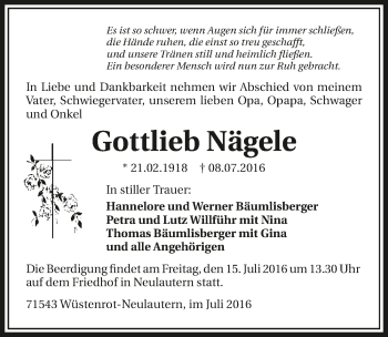 Traueranzeige von Gottlieb Nägele 