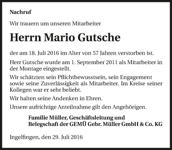 Traueranzeige von Mario Gutsche 