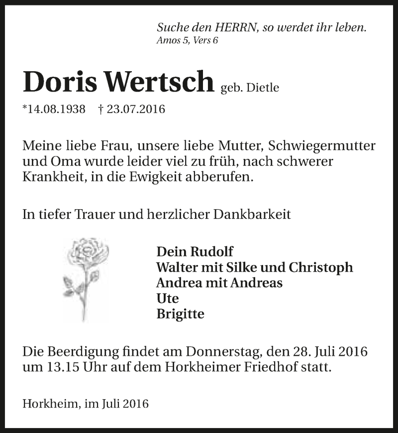  Traueranzeige für Doris Wertsch vom 26.07.2016 aus 