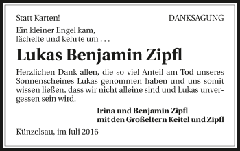 Traueranzeige von Lukas Benjamin Zipfl 