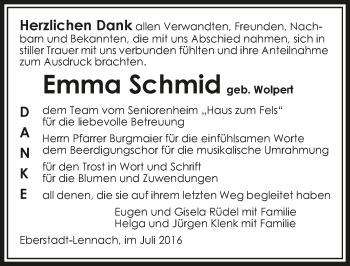 Traueranzeige von Emma Schmid 