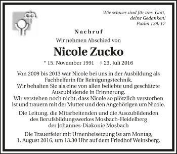 Traueranzeige von Nicole Zucko 