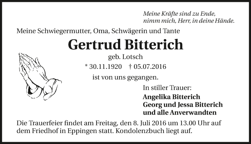  Traueranzeige für Gertrud Bitterich vom 07.07.2016 aus 