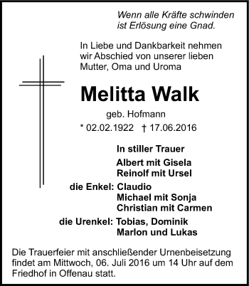 Traueranzeige von Melitta Walk 