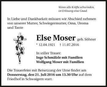 Traueranzeige von Else Moser 