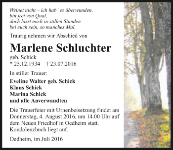 Traueranzeige von Marlene Schluchter 