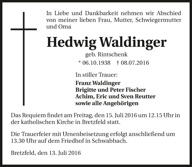  Traueranzeige für Hedwig Waldinger vom 13.07.2016 aus 