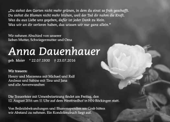 Traueranzeige von Anna Dauenhauer 