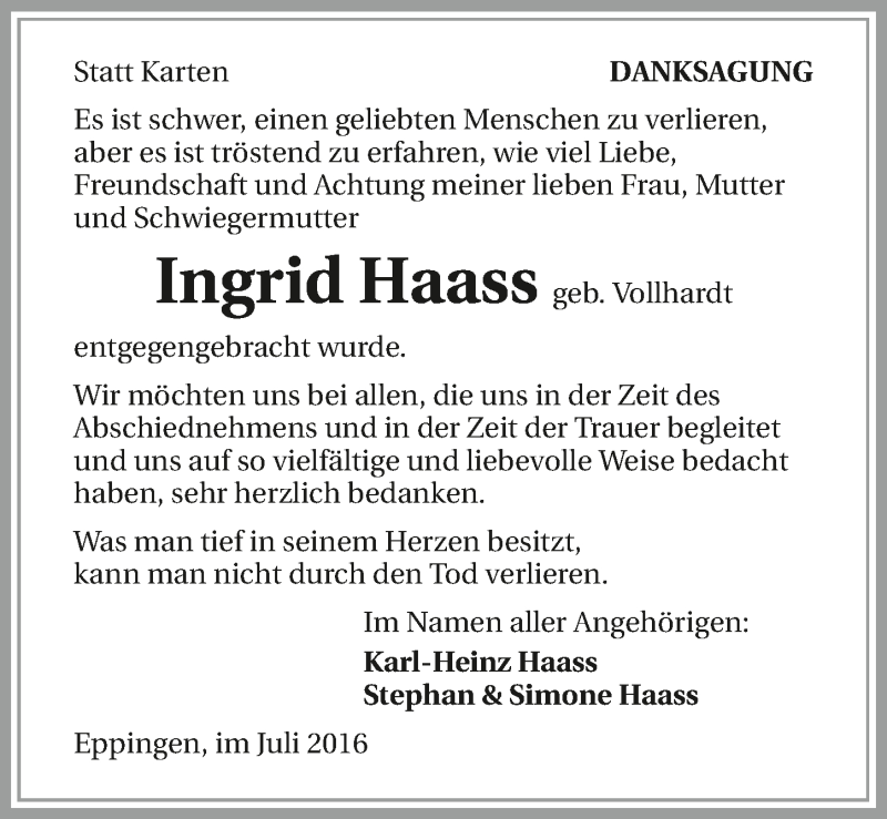  Traueranzeige für Ingrid Haass vom 16.07.2016 aus 