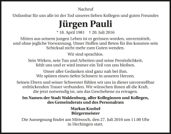 Traueranzeige von Jürgen Pauli 