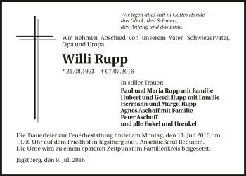 Traueranzeige von Willi Rupp 