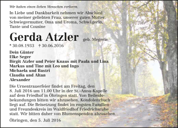 Traueranzeige von Gerda Atzler 