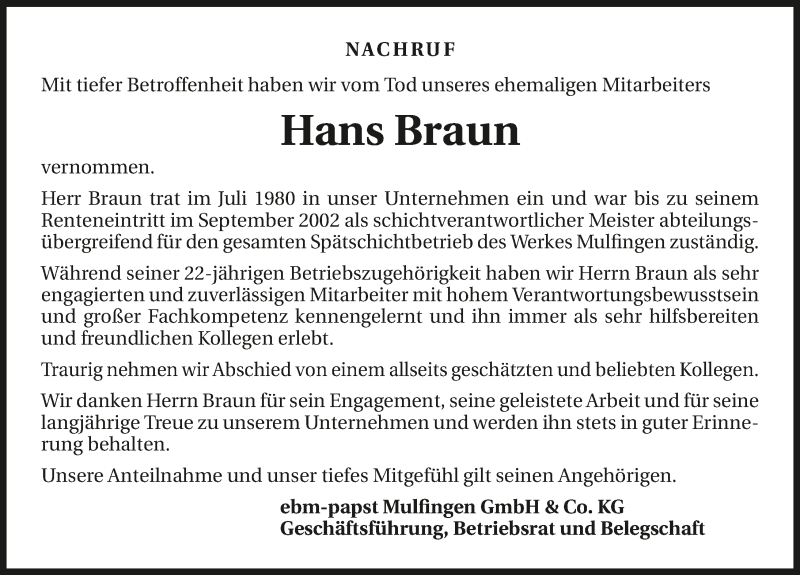  Traueranzeige für Hans Braun vom 14.07.2016 aus 
