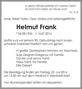 Traueranzeige von Helmut Frank 