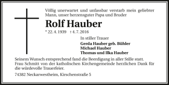 Traueranzeige von Rolf Hauber 