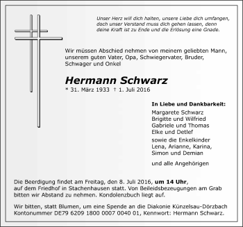 Traueranzeige von Hermann Schwarz 