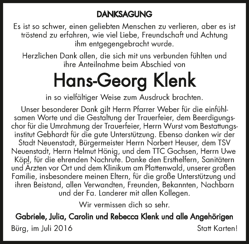  Traueranzeige für Hans-Georg Klenk vom 30.07.2016 aus 