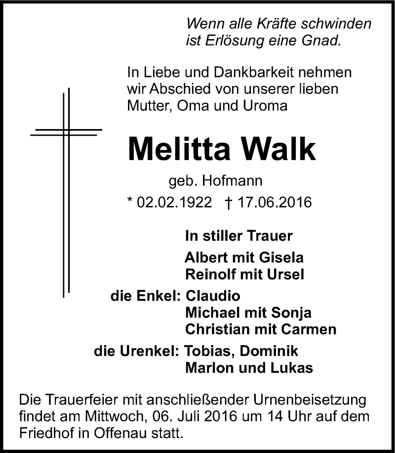  Traueranzeige für Melitta Walk vom 02.07.2016 aus 