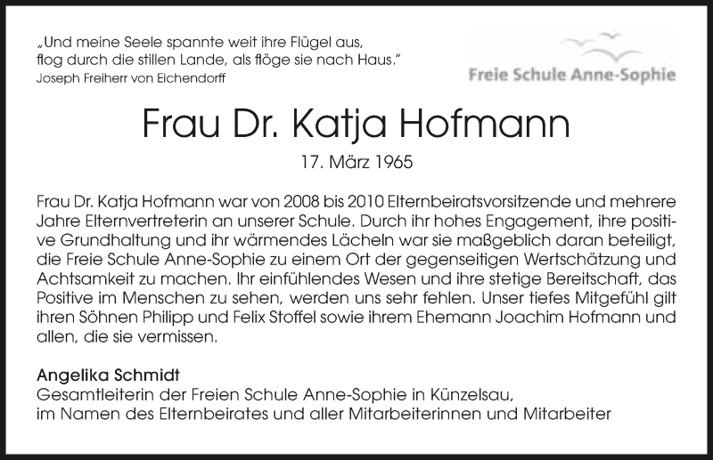  Traueranzeige für Katja Hofmann vom 29.07.2016 aus 