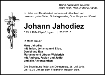 Traueranzeige von Johann Jahodiez 