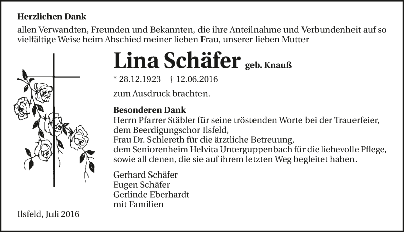  Traueranzeige für Lina Schäfer vom 02.07.2016 aus 