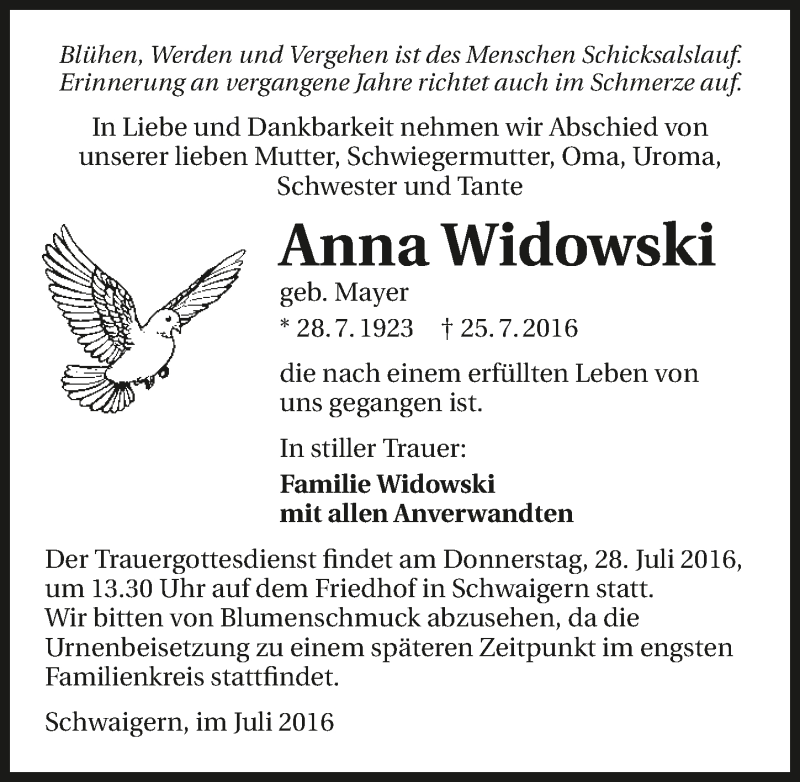  Traueranzeige für Anna Widowski vom 27.07.2016 aus 