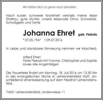 Traueranzeige von Johanna Ehret 