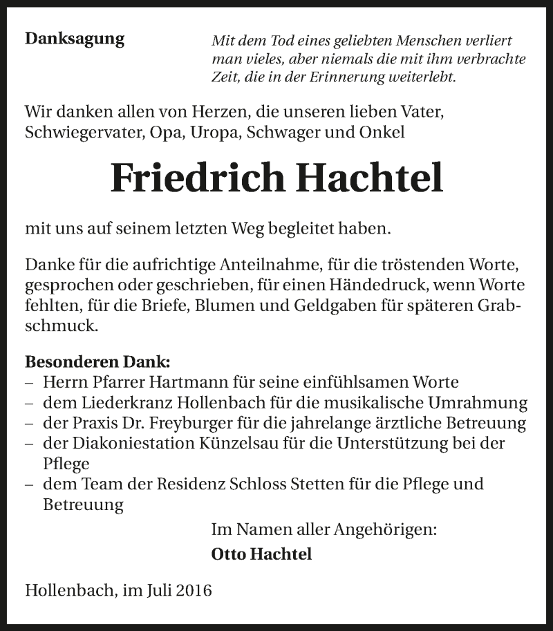  Traueranzeige für Friedrich Hachtel vom 23.07.2016 aus 