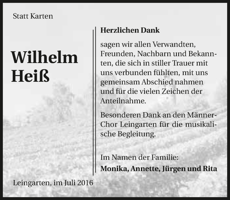  Traueranzeige für Wilhelm Heiß vom 02.07.2016 aus 