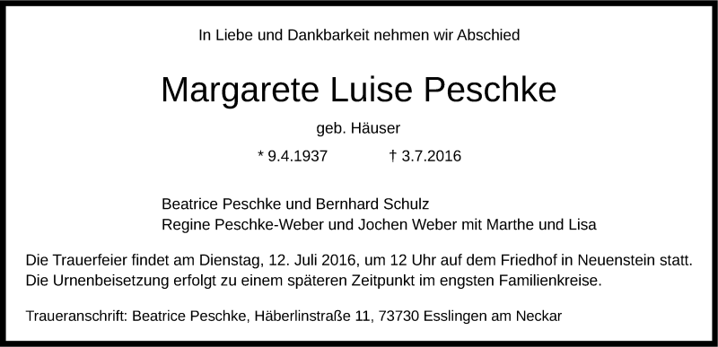 Traueranzeige für Margarete Luise Peschke vom 09.07.2016 aus 