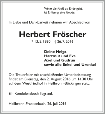Traueranzeige von Herbert Fröscher 