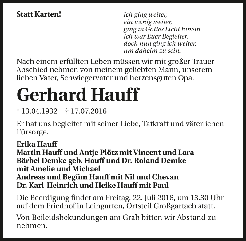  Traueranzeige für Gerhard Hauff vom 19.07.2016 aus 