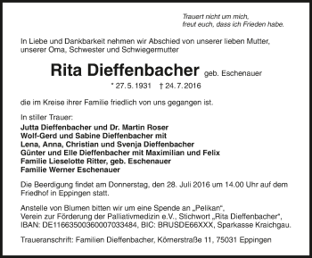 Traueranzeige von Rita Dieffenbacher 