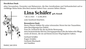 Traueranzeige von Lina Schäfer 