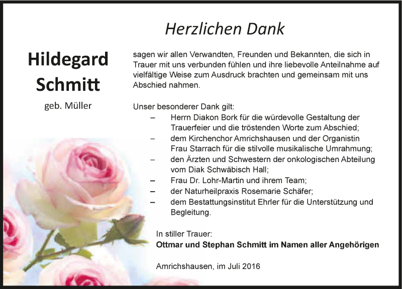  Traueranzeige für Hildegard Schmitt vom 08.07.2016 aus 