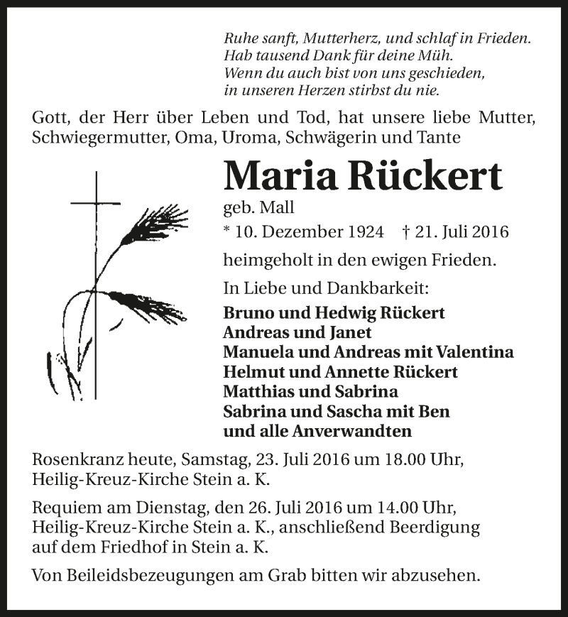  Traueranzeige für Maria Rückert vom 23.07.2016 aus 