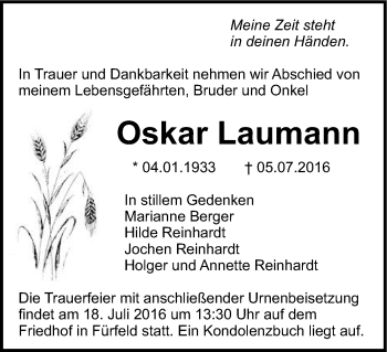 Traueranzeige von Oskar Laumann 