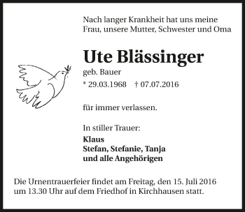 Traueranzeige von Ute Blässinger 