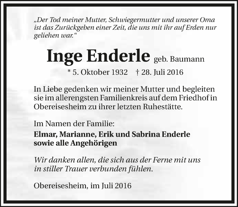  Traueranzeige für Inge Enderle vom 29.07.2016 aus 